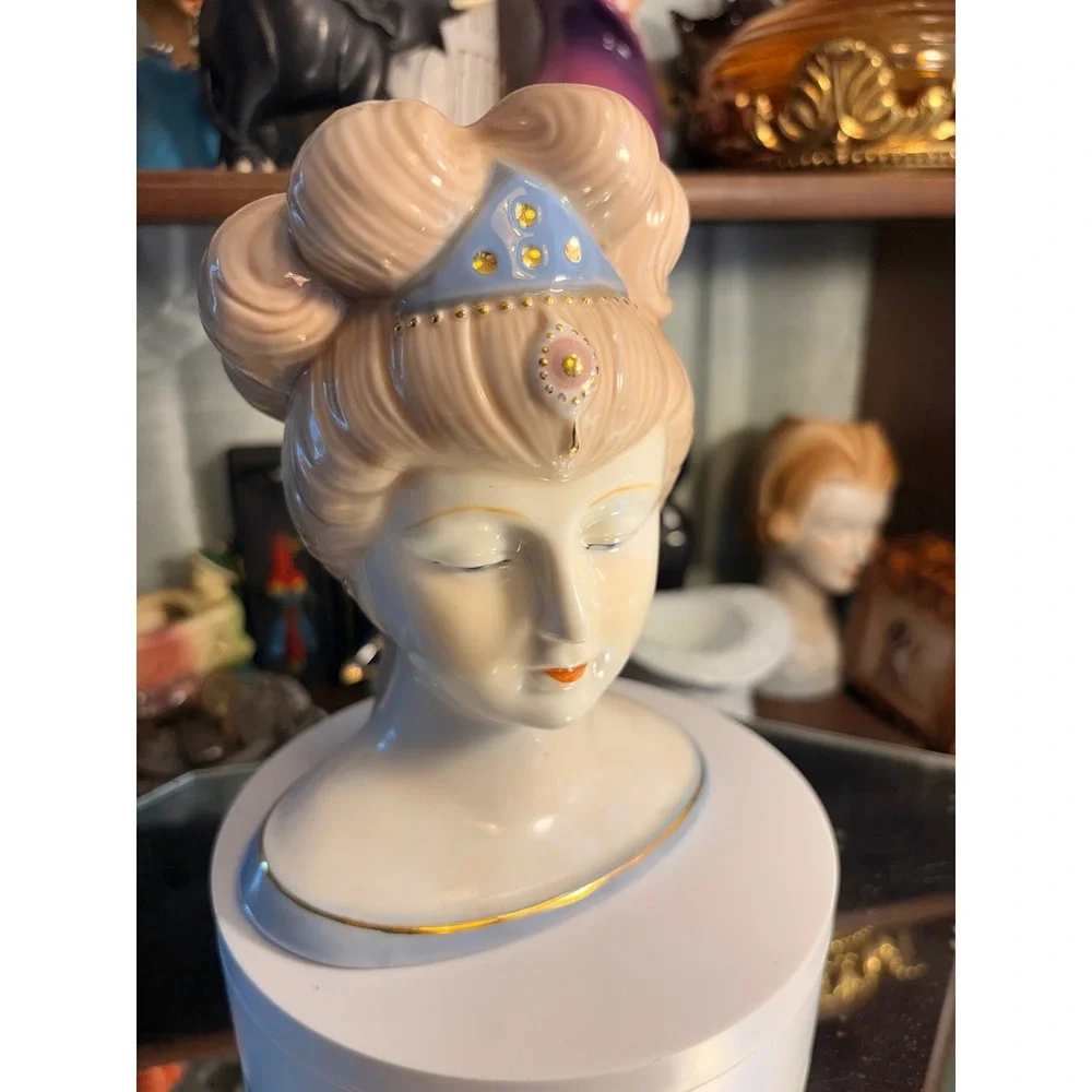 Vintage Ceramic Lady Head Vase Blue Tiara Gold Trim Peach Hair Porcelain Bust